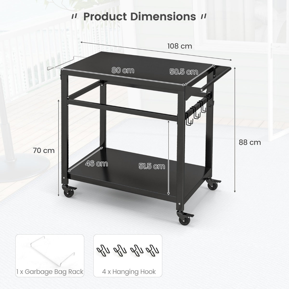 The metal serving cart with dimension lines and included accessories shown below