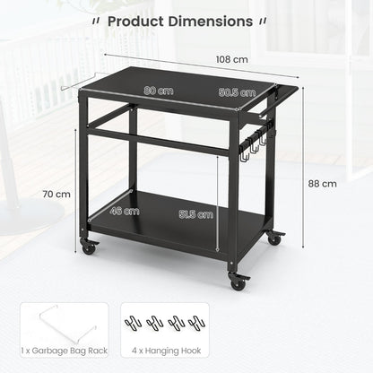 The metal serving cart with dimension lines and included accessories shown below
