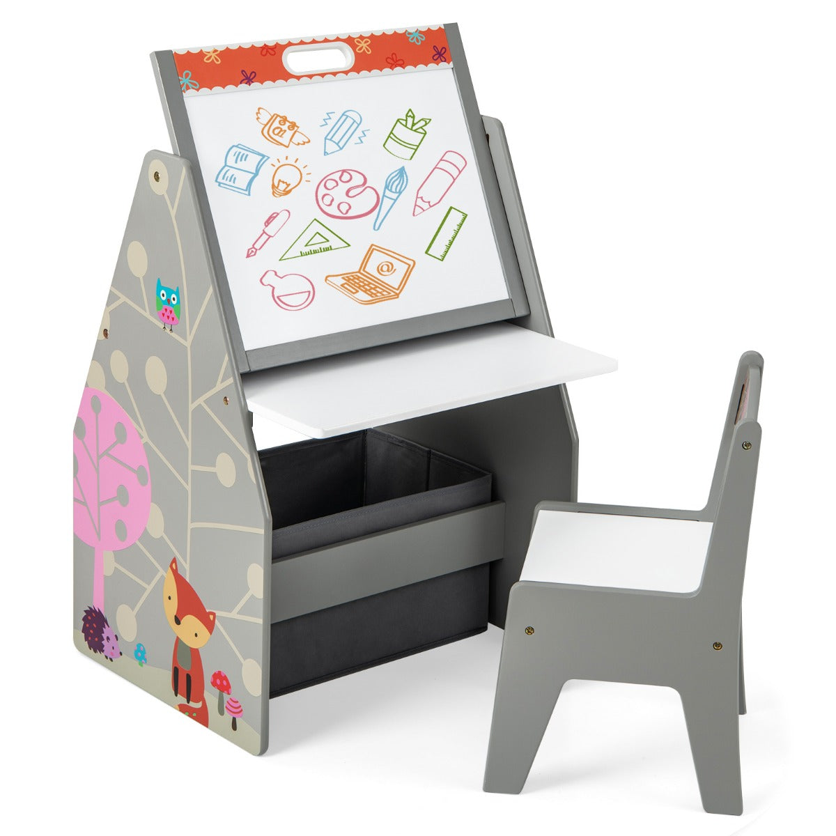Double-Sided Kids Art Easel and Play Station with a grey chair and storage bins