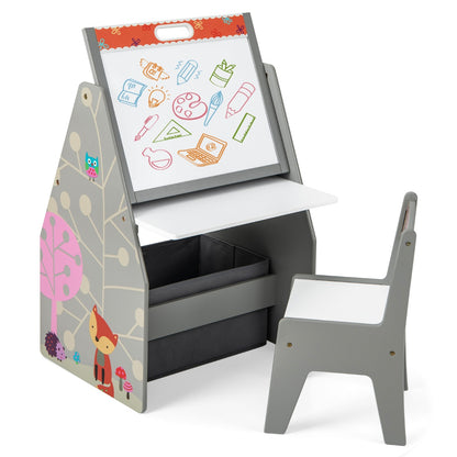 Double-Sided Kids Art Easel and Play Station with a grey chair and storage bins
