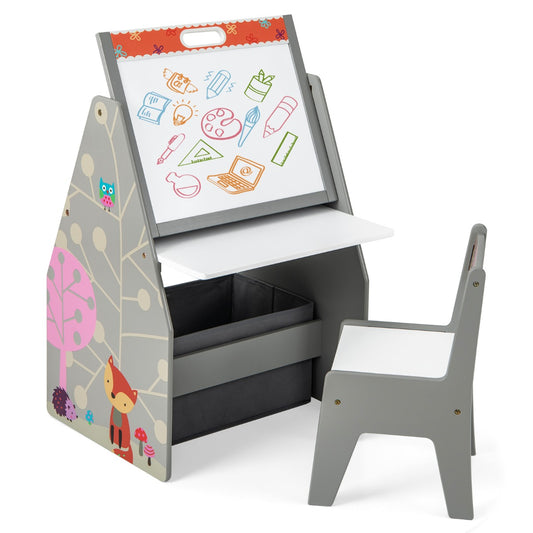 Double-Sided Kids Art Easel and Play Station with a grey chair and storage bins