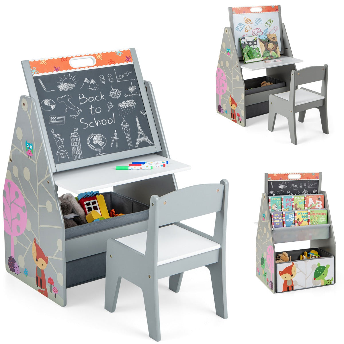 Collage of the grey art easel and play station showing different sides and uses