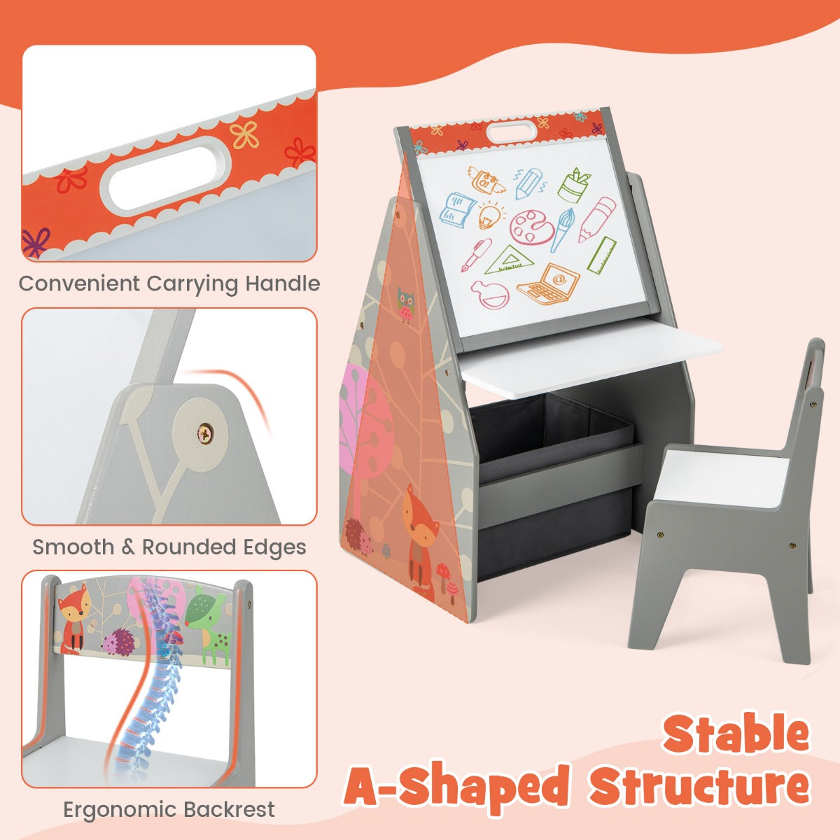 Close-up details of the grey art easel and play station showing features