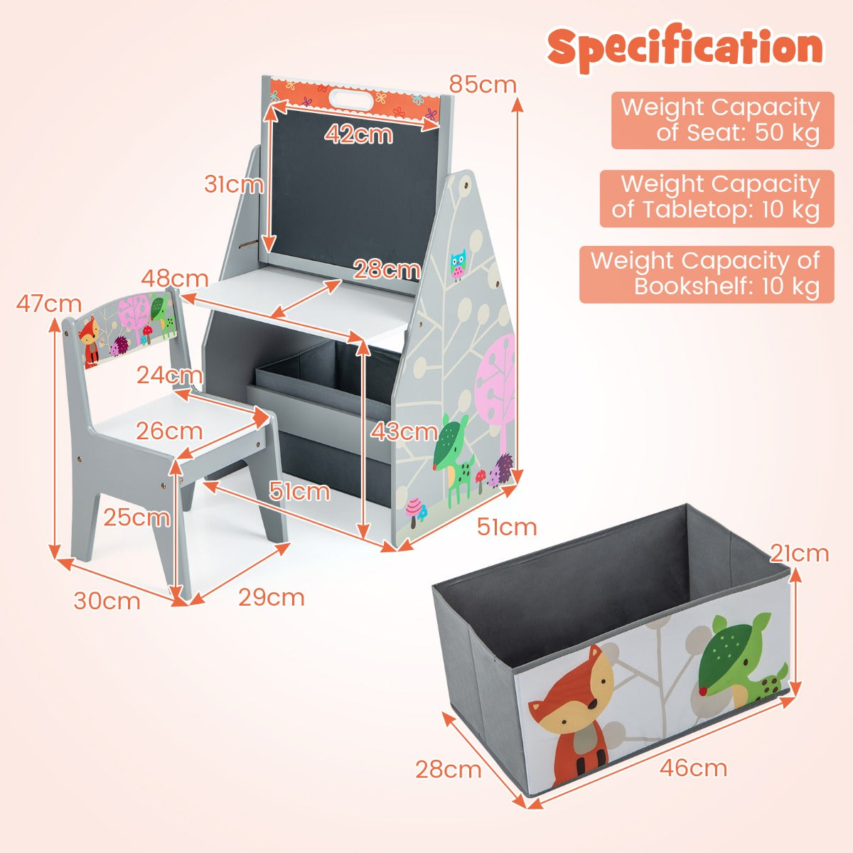 Size diagram of the grey art easel and play station with dimensions shown