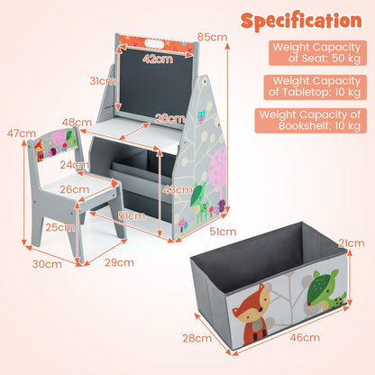Size diagram of the grey art easel and play station with dimensions shown