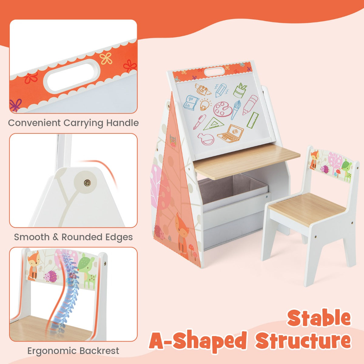 The kids art easel highlighting the handle, rounded edges and ergonomic backrest
