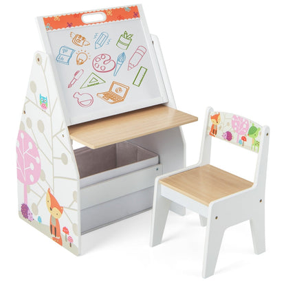 Double-Sided Kids Art Easel and Play Station with a matching chair and storage box