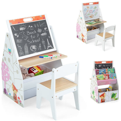 The kids art easel shown from different angles with a chalkboard and whiteboard