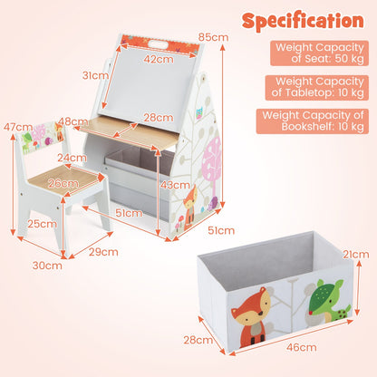The kids art easel and storage box with various dimensions and weight limits