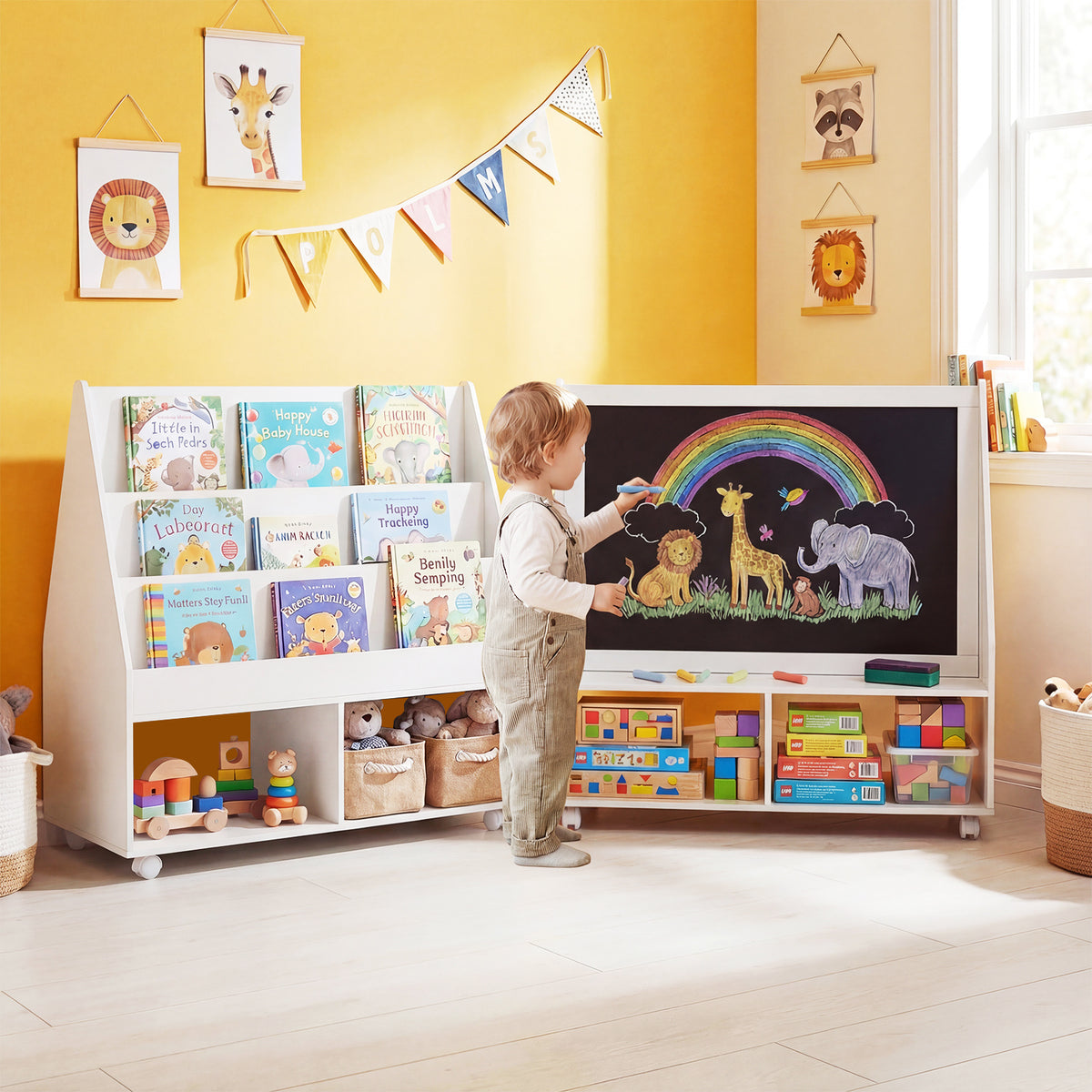 A toddler drawing on the chalkboard side of the kids storage bookshelf