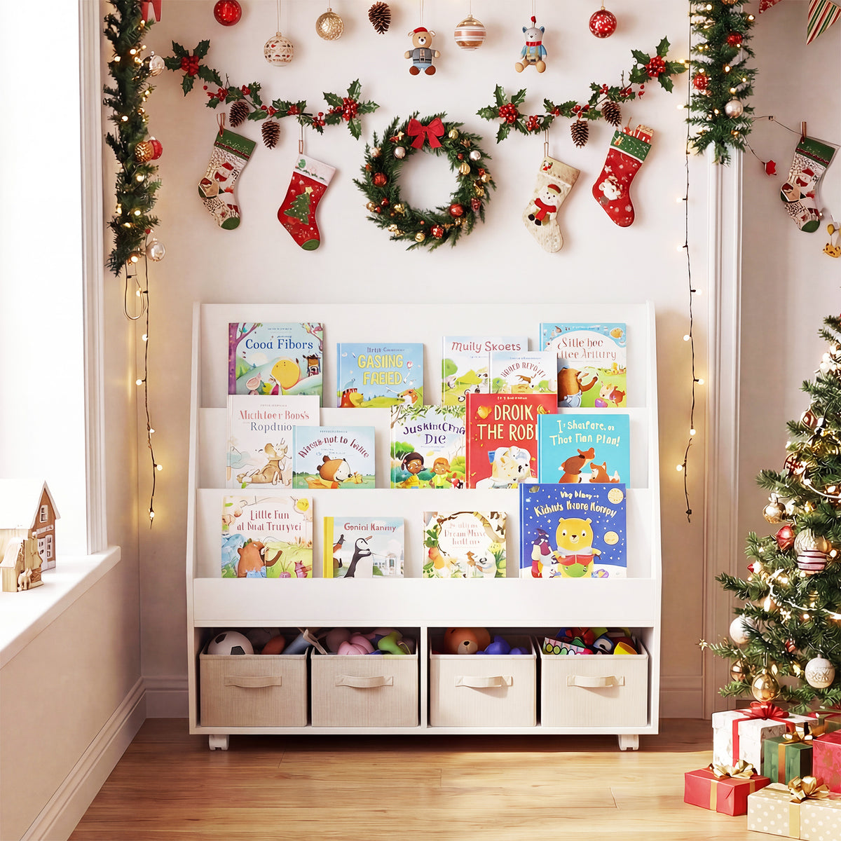 The kids storage bookshelf decorated for Christmas with stockings and a tree