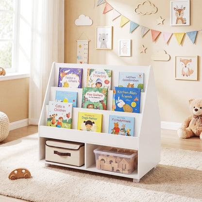 The kids storage bookshelf in a nursery with books and toys