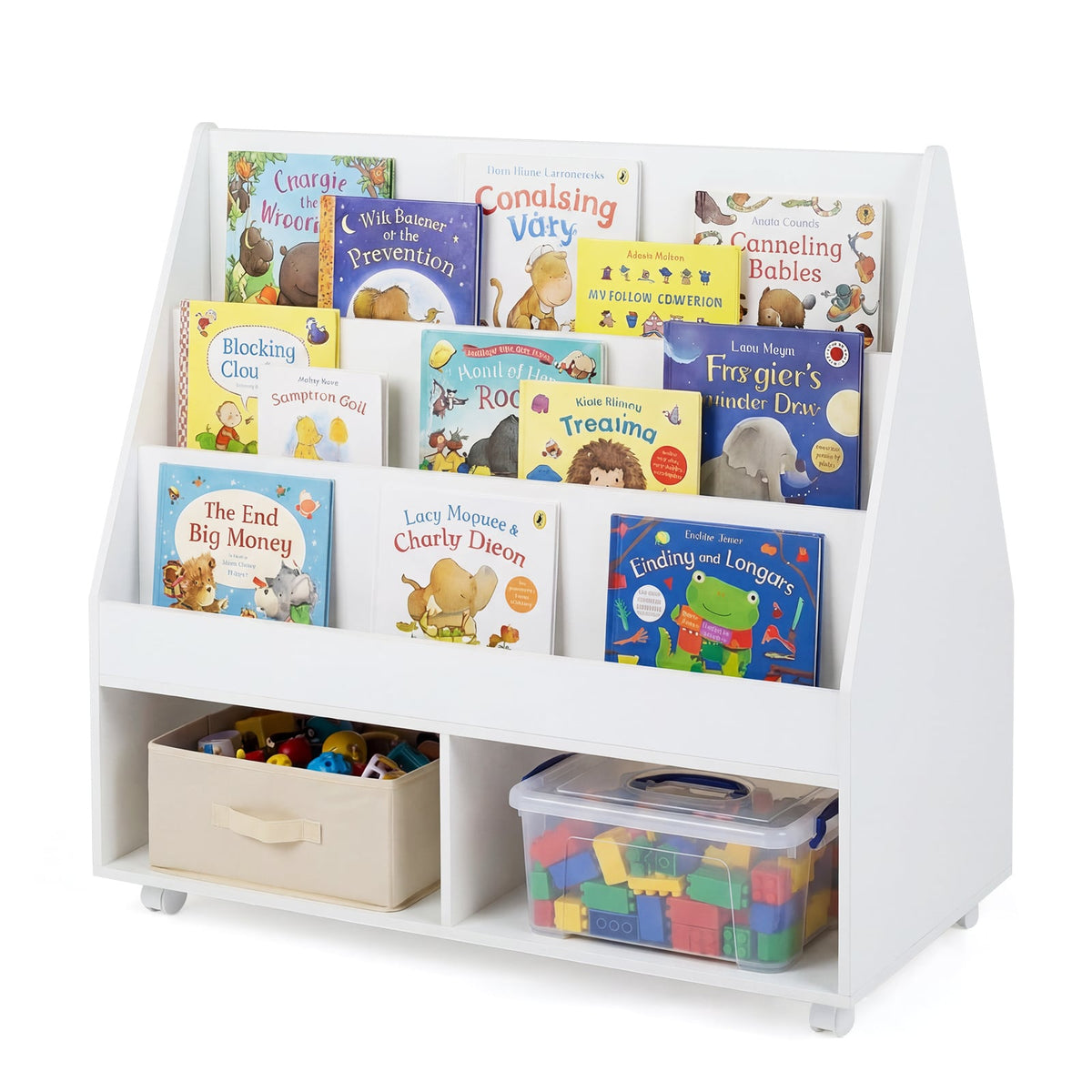 Double-Sided Kids Bookshelf Toddler Book Shelf on Wheels with chalkboard side and storage below