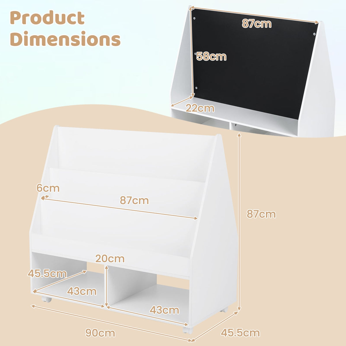Product dimensions diagram for the kids storage bookshelf