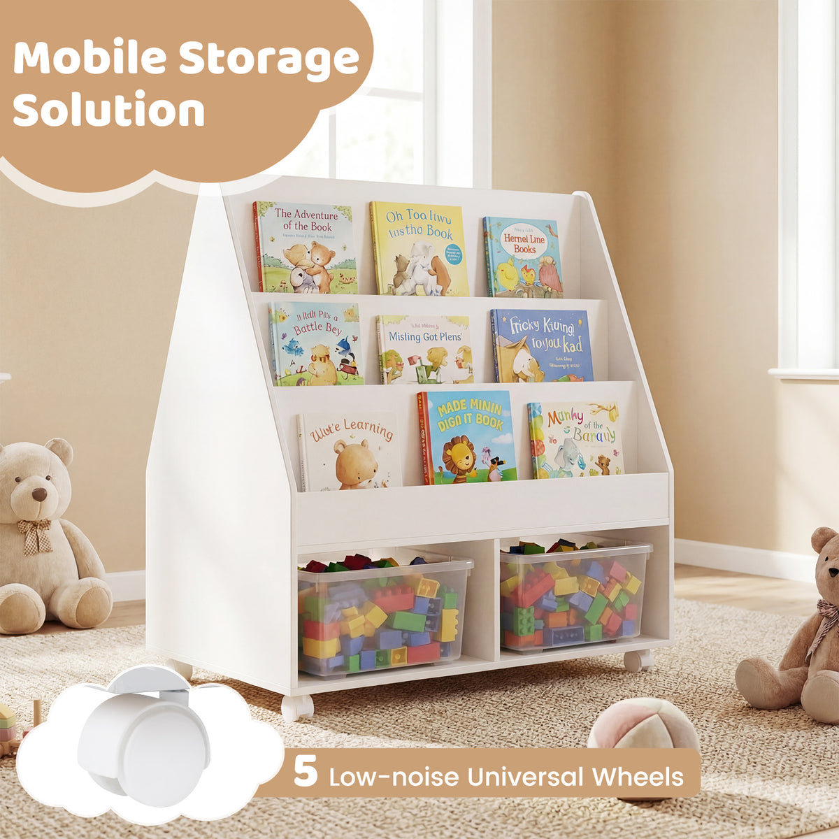 The kids storage bookshelf with five low-noise universal wheels