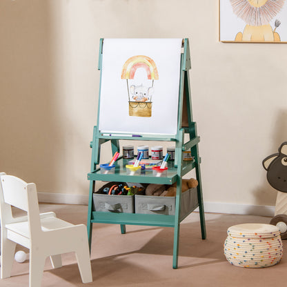 The art easel set up in a bright room with a paper roll and storage boxes underneath
