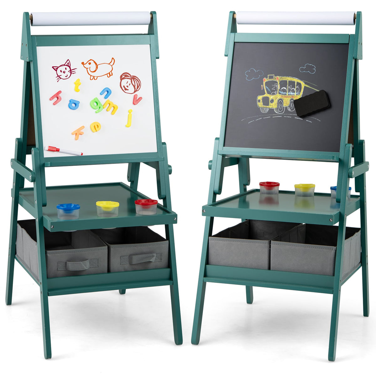 Double-sided Kids Easel with Magnetic Whiteboard and Chalkboard shown from both sides