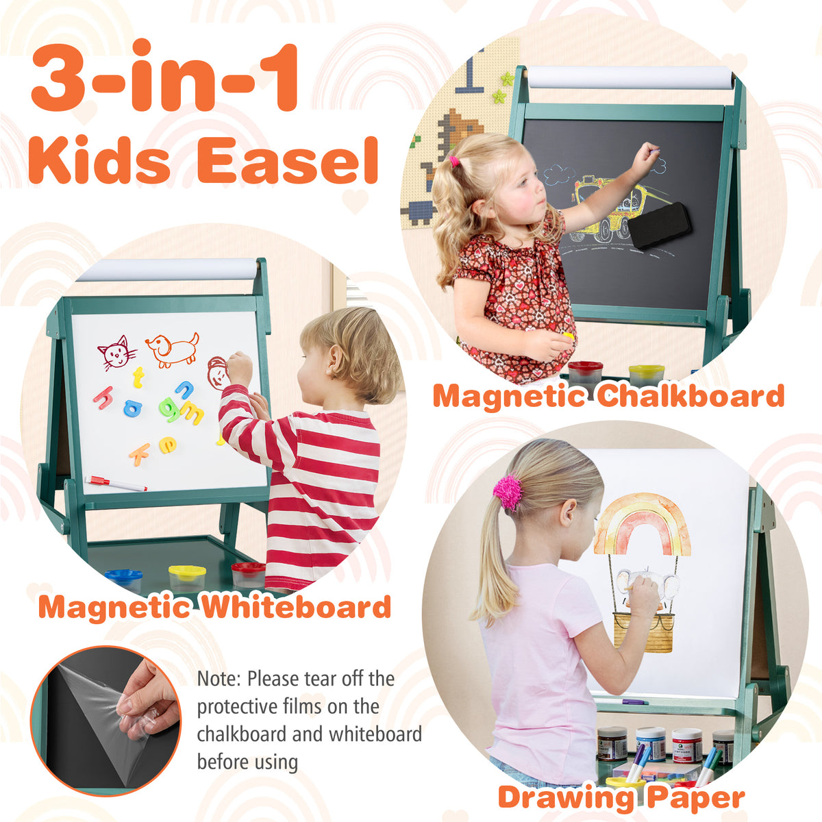 The art easel features shown in three circles including whiteboard and chalkboard