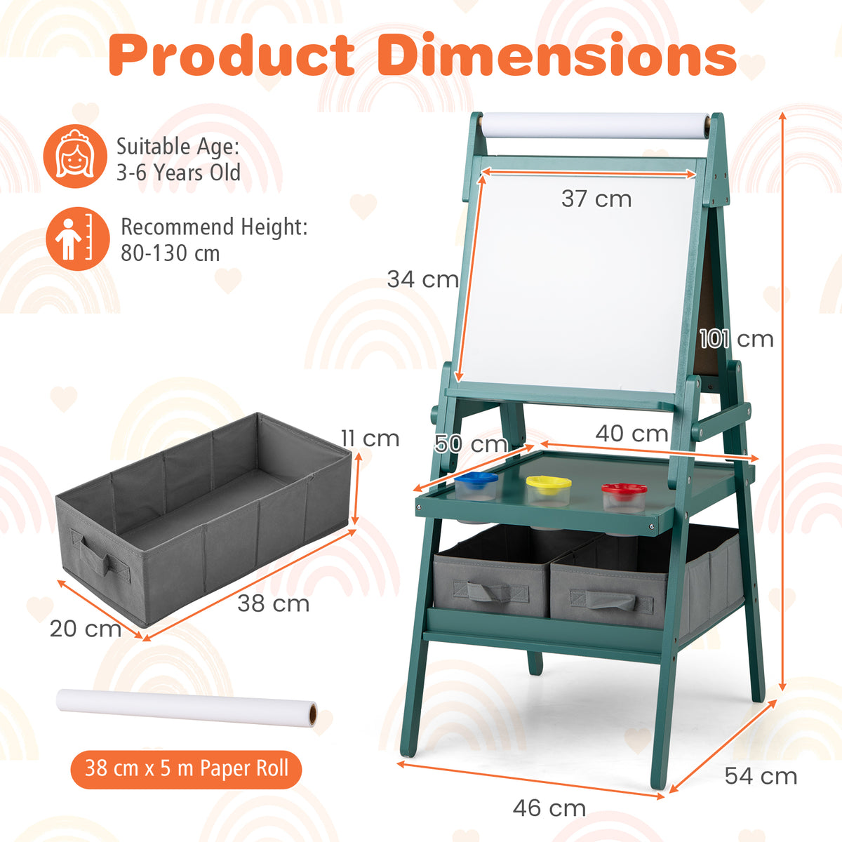 The art easel shown with labels indicating its various dimensions and storage parts