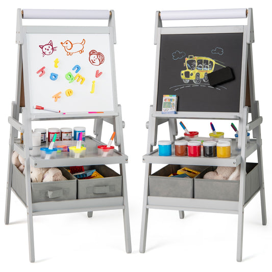 Double-sided Kids Easel with Magnetic Whiteboard and Chalkboard, grey, showing both sides with art supplies and storage bins