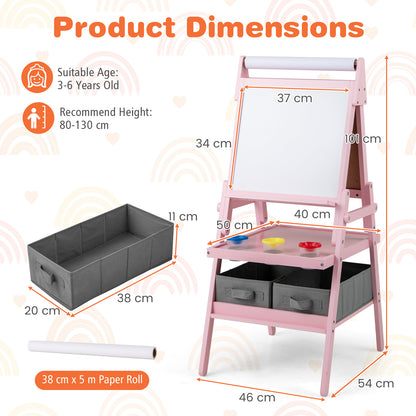 Pink art easel with a child drawing on the chalkboard side, with a second child watching