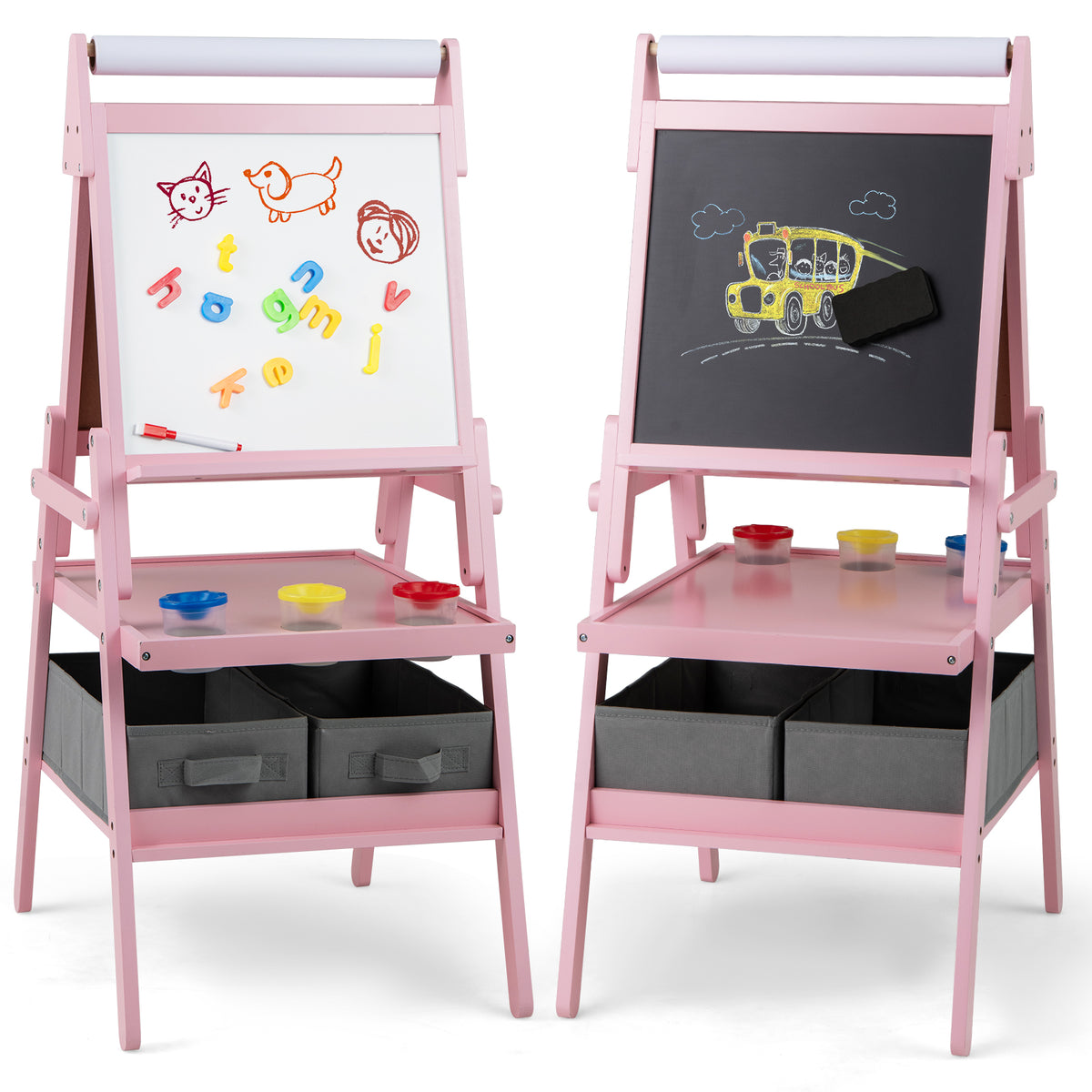 Double-sided Kids Easel with Magnetic Whiteboard and Chalkboard in pink, with magnetic letters and chalk drawings