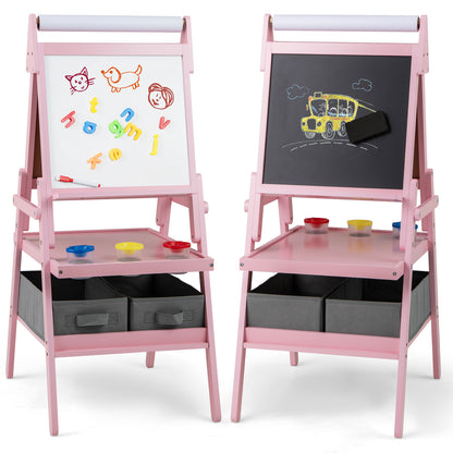 Double-sided Kids Easel with Magnetic Whiteboard and Chalkboard in pink, with magnetic letters and chalk drawings