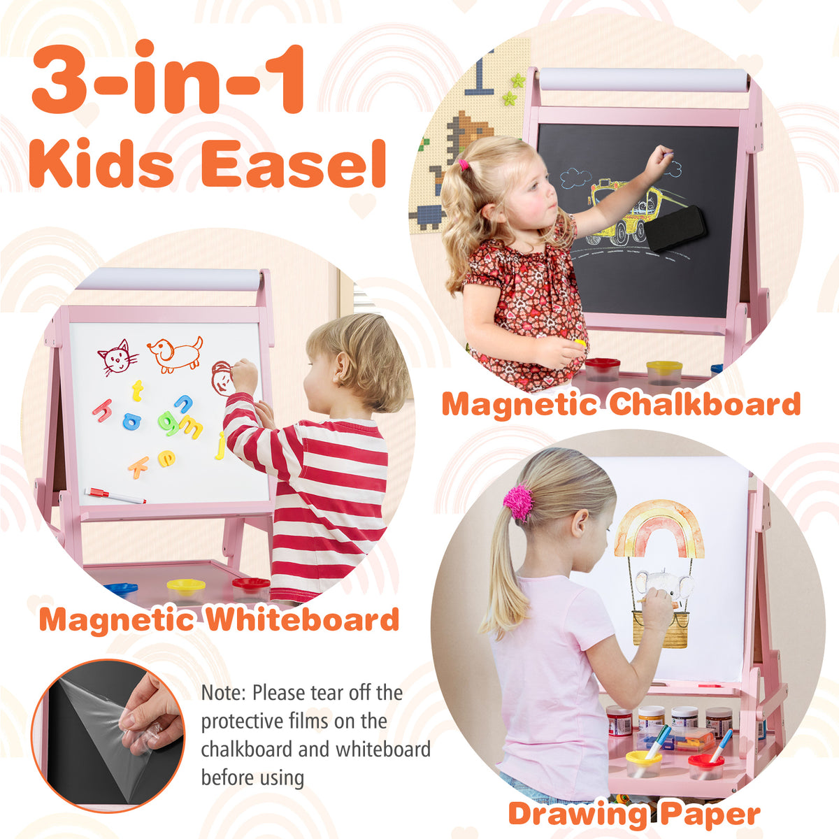 Collage showing the pink kids easel with magnetic whiteboard, magnetic chalkboard and drawing paper