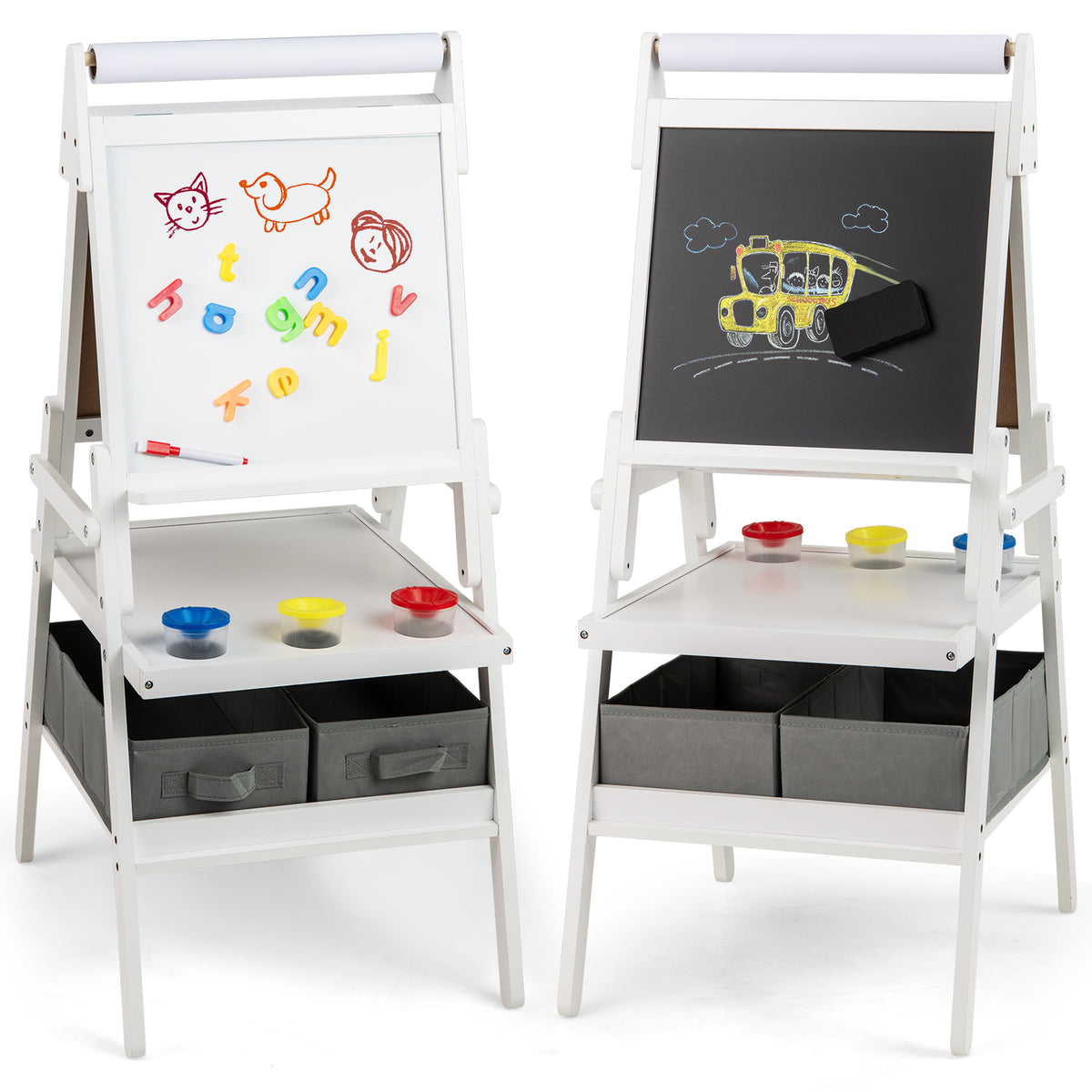 Double-sided Kids Easel with Magnetic Whiteboard and Chalkboard showing both sides with magnetic letters and chalk drawings
