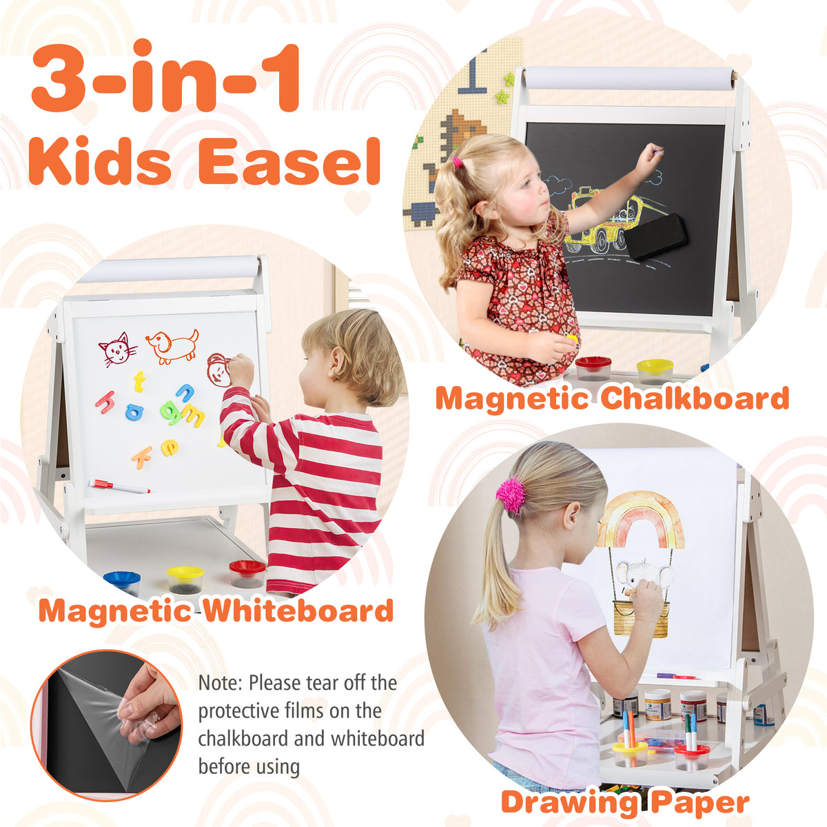 The kids art easel with magnetic whiteboard, magnetic chalkboard and drawing paper sections