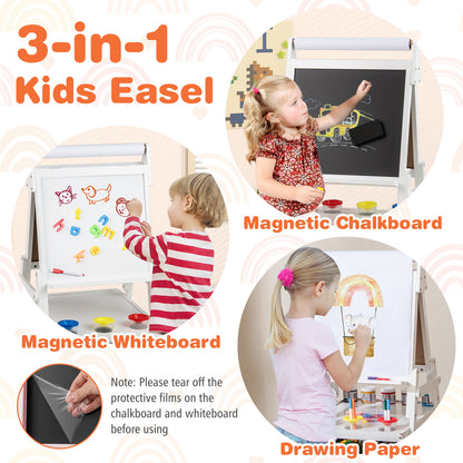 The kids art easel with magnetic whiteboard, magnetic chalkboard and drawing paper sections