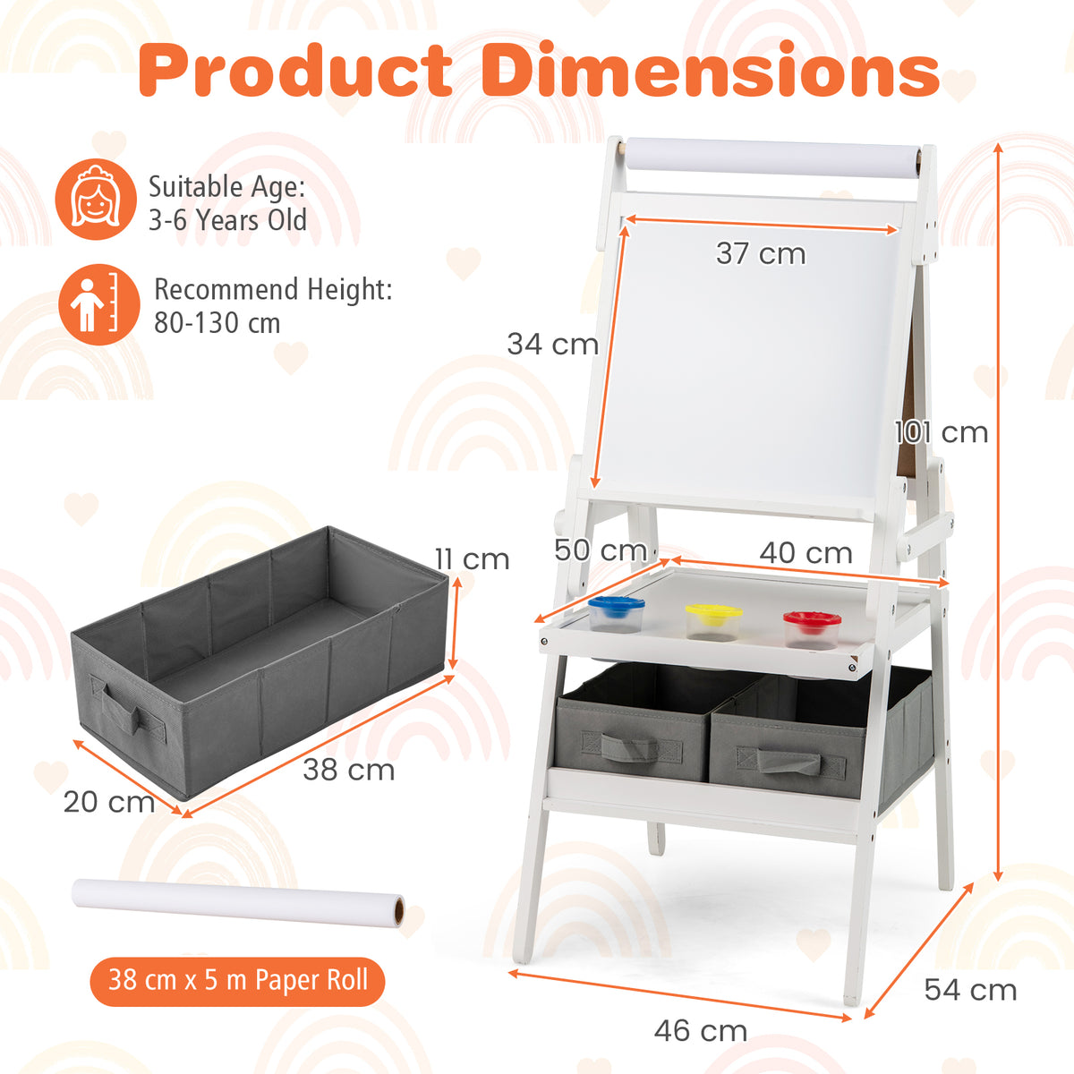 Product dimensions diagram for the kids art easel showing measurements and included storage bins