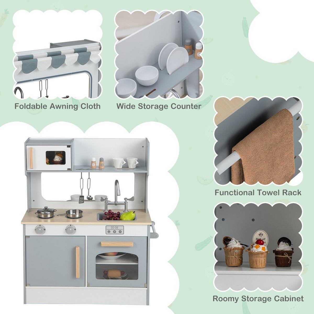 Close up views of the play kitchen set showing storage and accessories