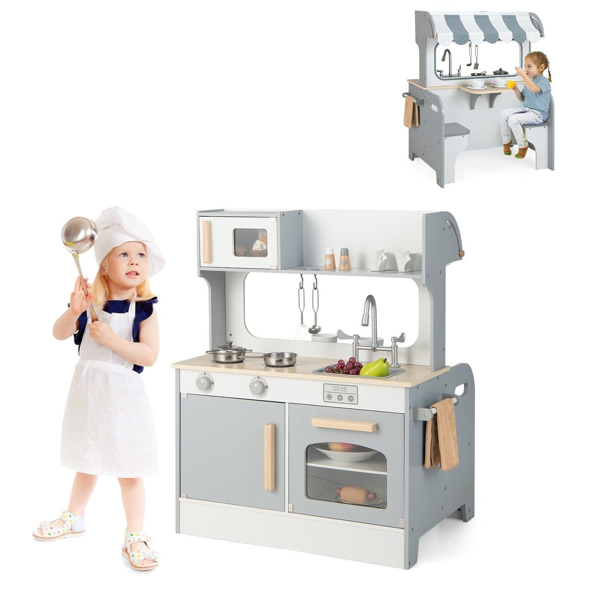 Double Sided Kids Kitchen Playset with Microwave Sink Oven a grey and white wooden toy kitchen with a child playing