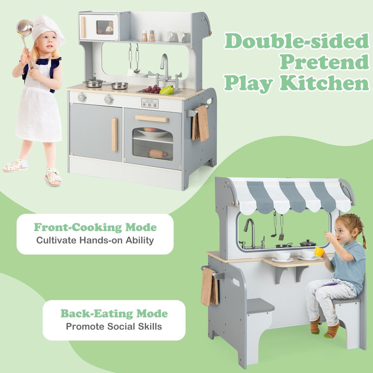 This play kitchen set has two modes: front cooking and back eating