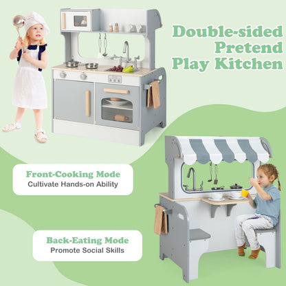 This play kitchen set has two modes: front cooking and back eating