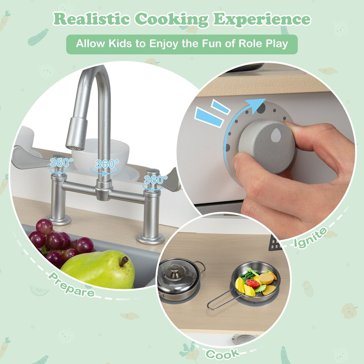 Close up of the play kitchen set showing realistic cooking features