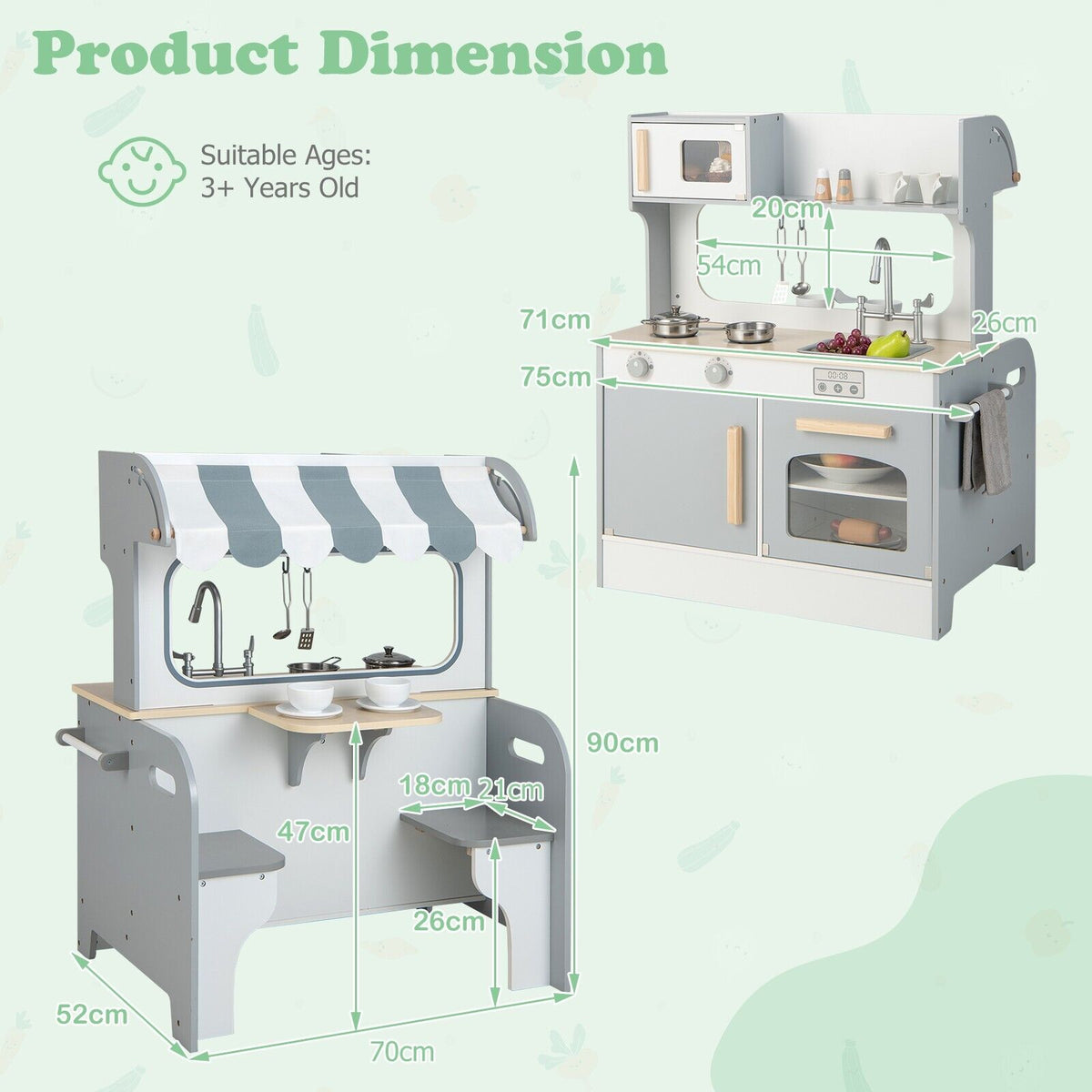 A dimension diagram shows the size of the play kitchen set