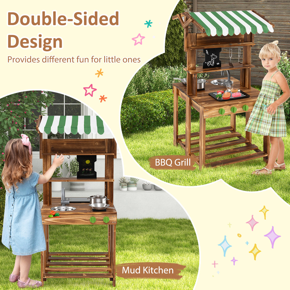 The wooden kitchen set showing both the barbecue grill and mud kitchen sides