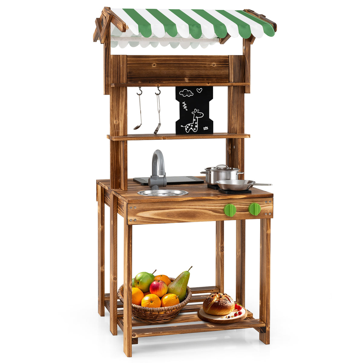 Double-Sided Mud Kitchen Wooden Barbecue Grill Playset with Canopy stands on a white background