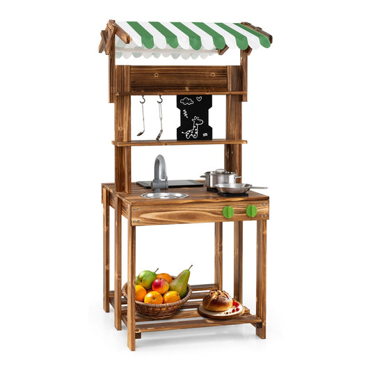 Double-Sided Mud Kitchen Wooden Barbecue Grill Playset with Canopy stands on a white background