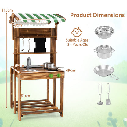 The play kitchen set showing height and width measurements with included accessories