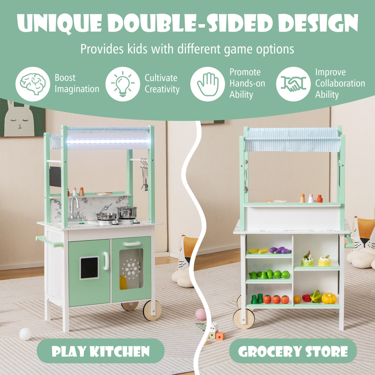 The double-sided play kitchen set shown as a kitchen on one side and a grocery store on the other