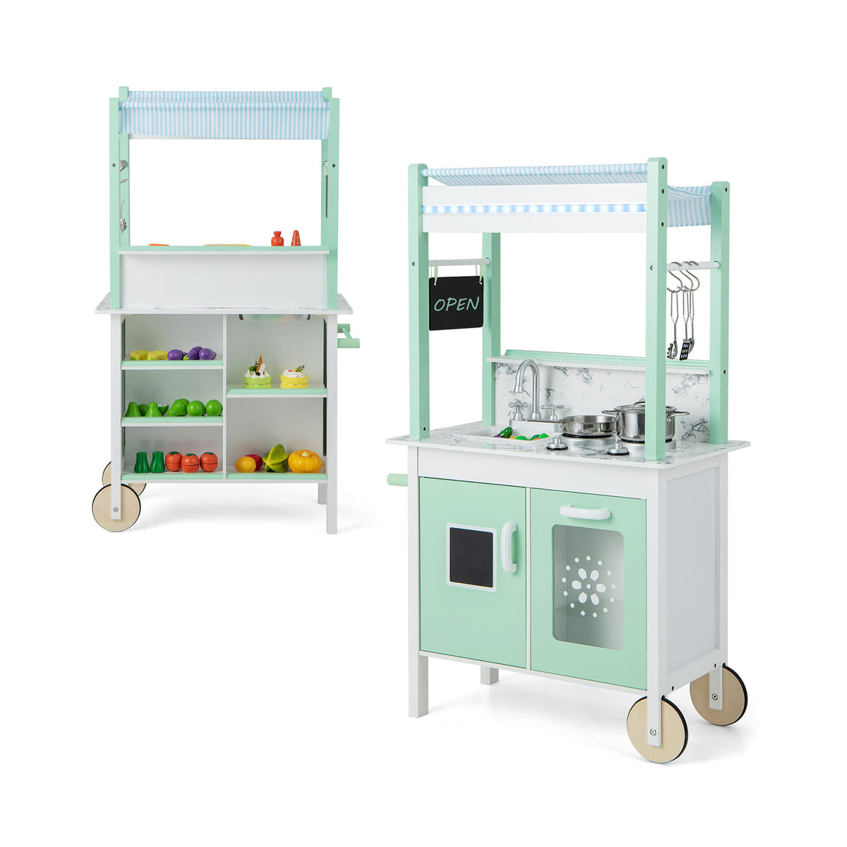 Double-sided Pretend Play Kitchen with green and white accents and a striped awning