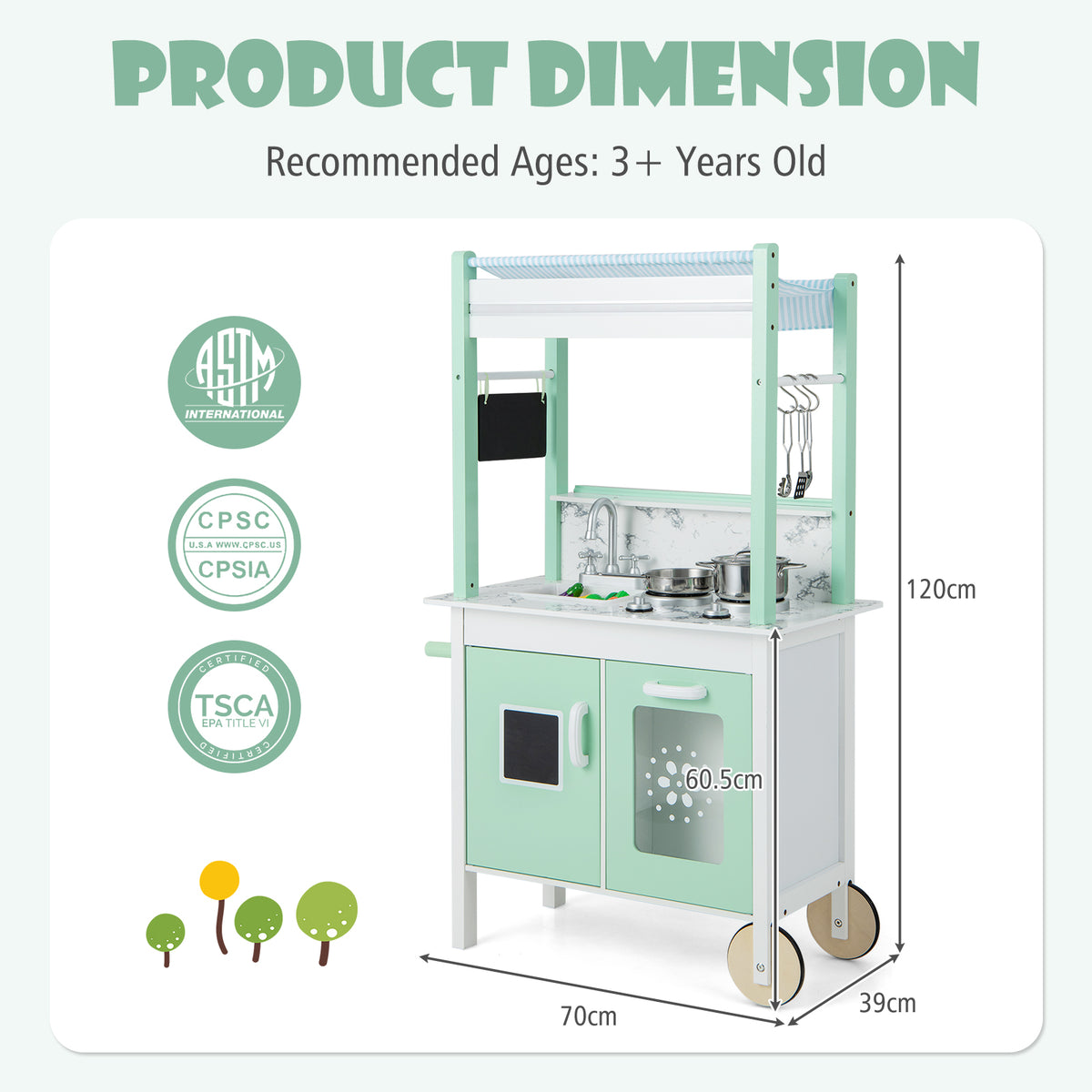 Product dimension diagram for the green and white play kitchen set