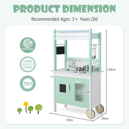 Product dimension diagram for the green and white play kitchen set