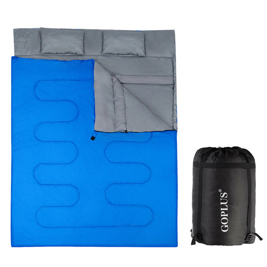 Double Sleeping Bag Extra Large Waterproof with Carrying Bag in blue with grey lining and two pillows