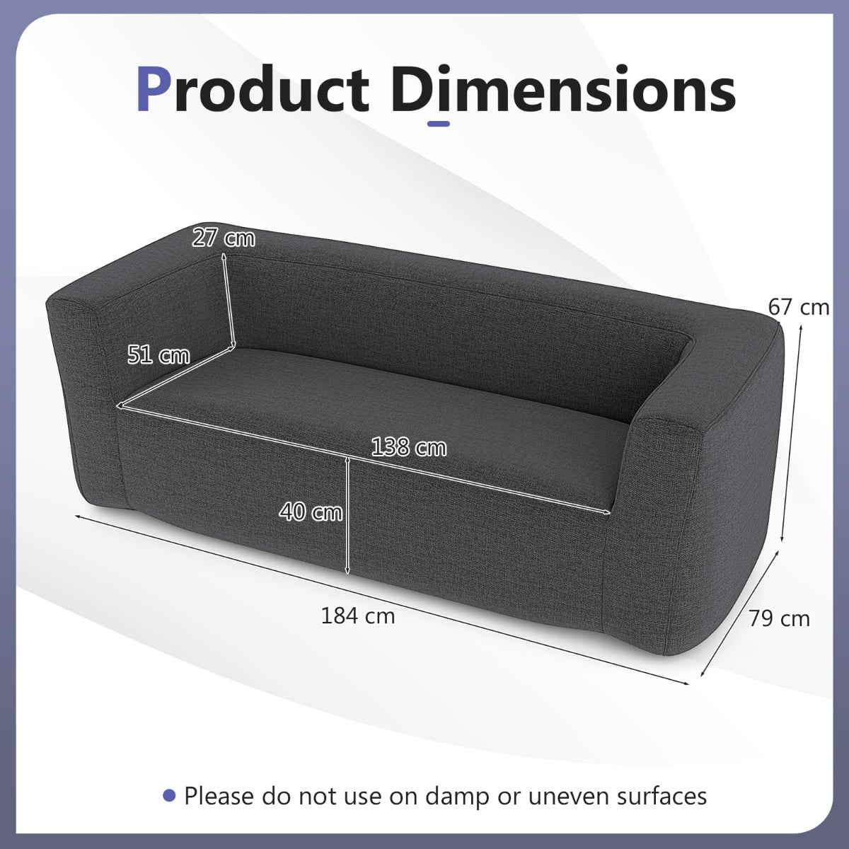 Double Inflatable Couch Portable Blow Up Sofa with Detachable Cover-Grey