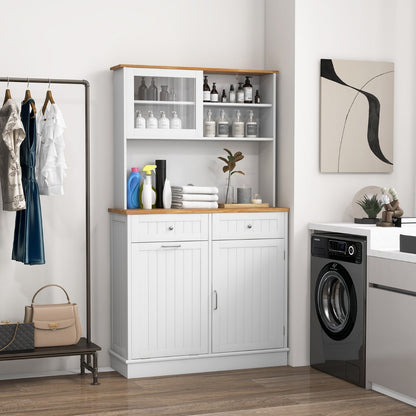 Double Tilt Out Trash Cabinet with Rubber Wood Countertop for Kitchen Dining Room-White