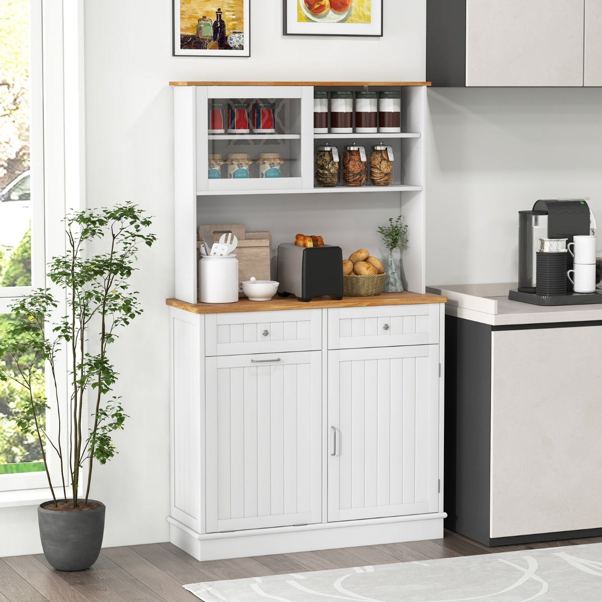 Double Tilt Out Trash Cabinet with Rubber Wood Countertop for Kitchen Dining Room-White